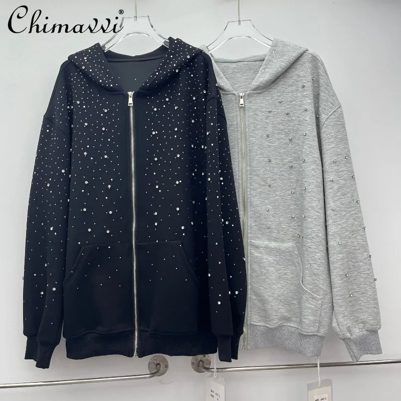 

2026 Spring New Women's Fashion Long Sleeve Hooded Cardigan Sweatshirt Heavy Rhinestone Beaded Decoration Casual Jacket Coat