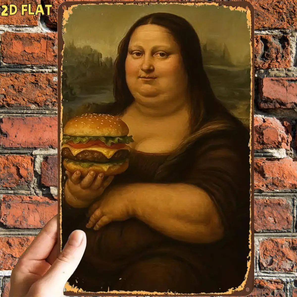 Vintage Mona Lisa Burger Wall Plaque - Metal Iron Vintage Burger Decoration, Suitable for Indoor/room, Pre-illed Hanging Holes