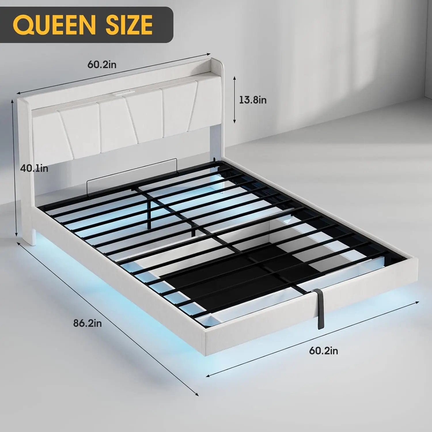 Queen Bed Frame Floating Bed Frame with LED Lights & Lift Up Storage Upholstered PU Leather Platform Bed with Charging Station