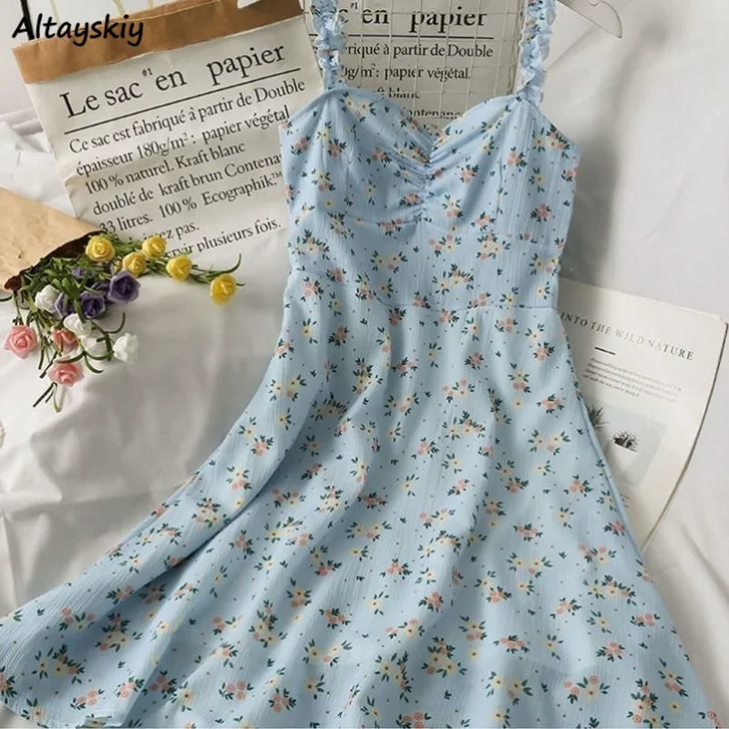 Floral Mini Dress Women Spaghetti Strap Sweet Summer Vintage Basics Prairie Style Vacation  Mujer Ins Temperament Ulzzang