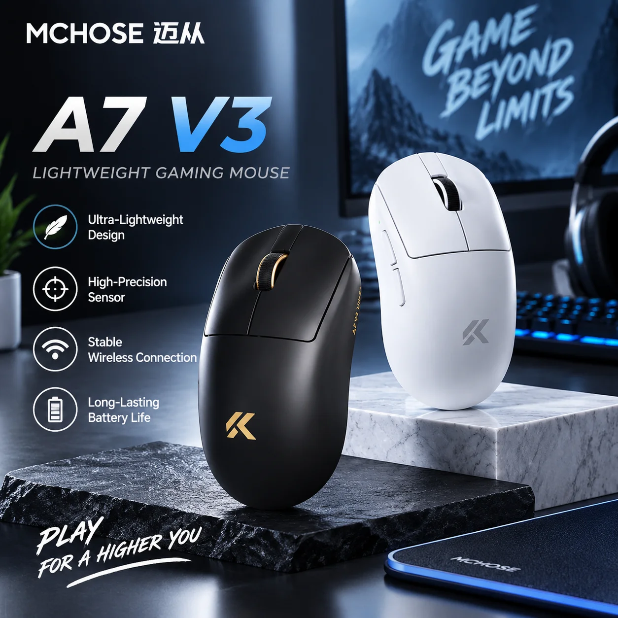 Mchose A7 V3 Wireless Gaming Mouse Tri Mode Bluetooth Ultra Lightweight Ergonomic High Precision For Pc Gamer
