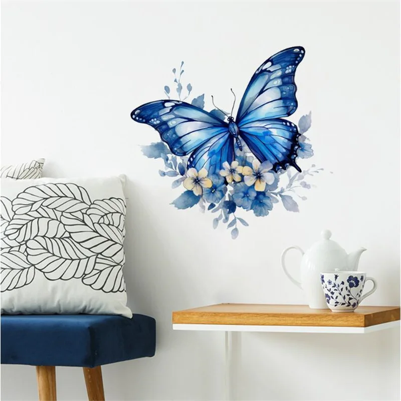 Blue Butterfly Flower Wall Stickers 29x30CM PVC Self-Adhesive Mural Decals for Bedroom Living Room Decor