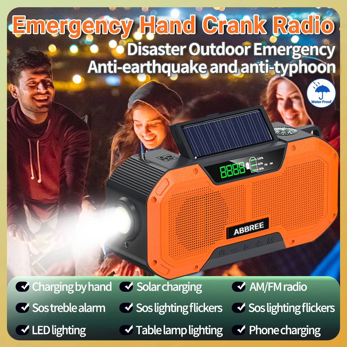 

ABBREE Emergency Radio with LED Lights USB Solar Charging Outdoor Travel Portable Rechargeable FM AM Walkie Talkie For Rescue