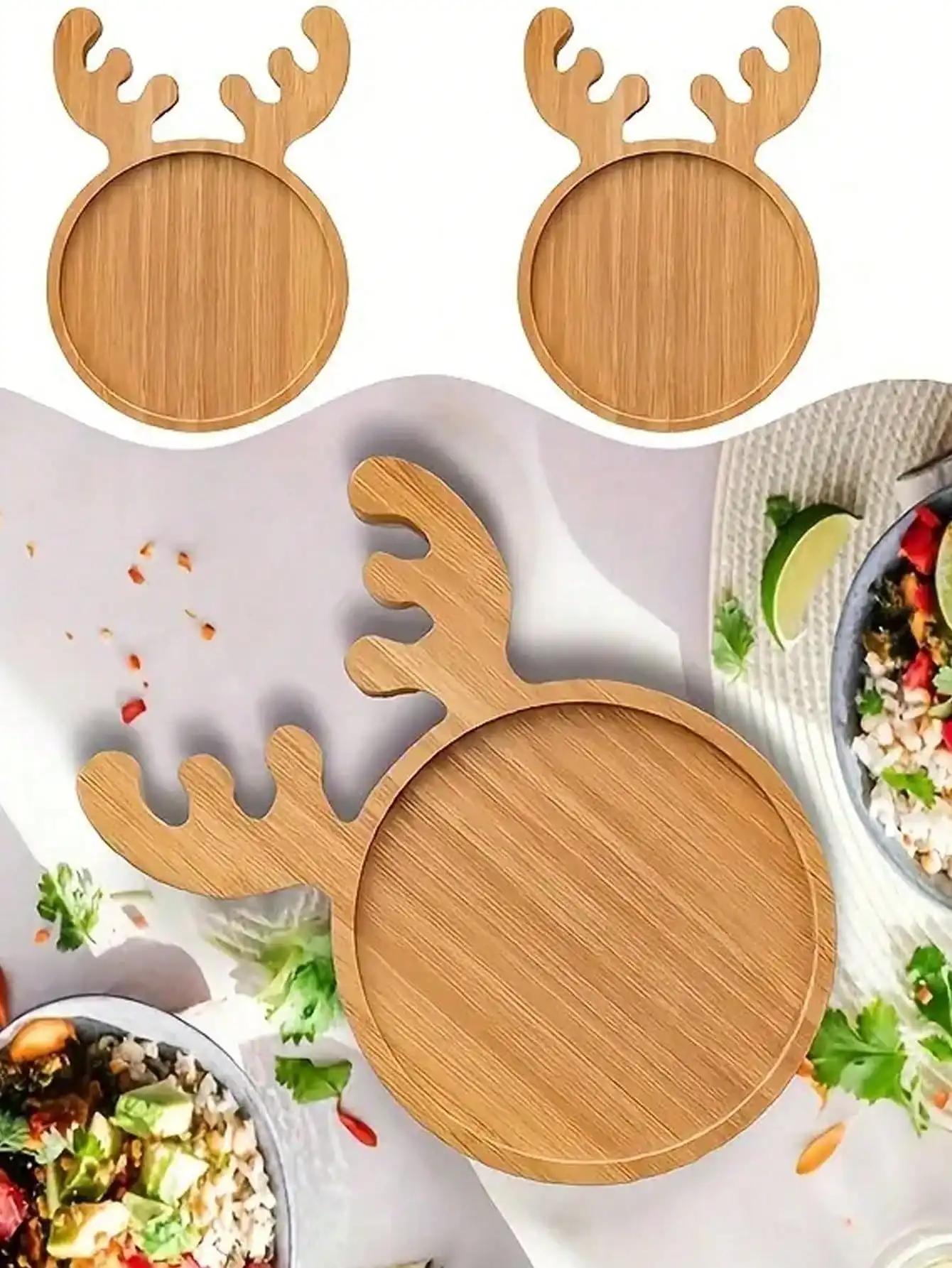 1pc Reusable Christmas Wooden Tray, Deer Antler Shaped Tray, Deer Antler Shaped Coasters, Suitable For Sushi, Fruit