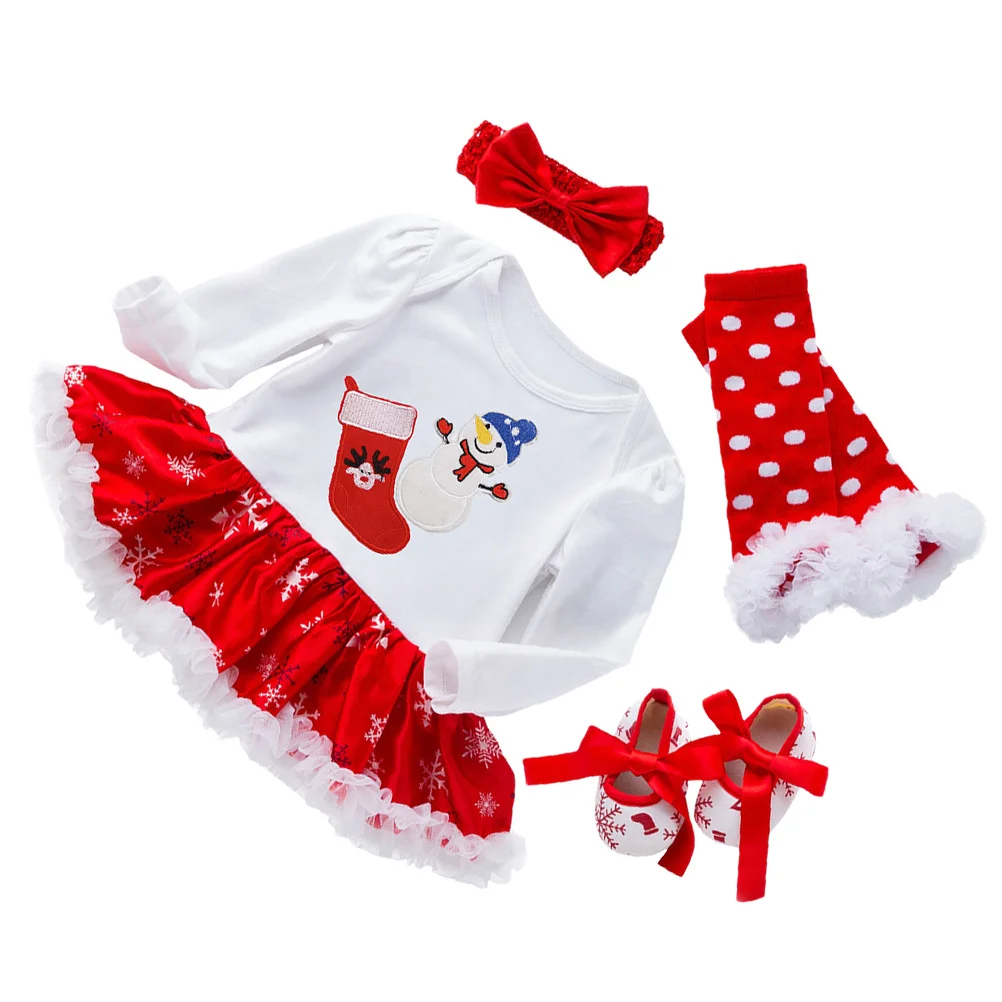 

1Set Baby Girl Cotton Dress Christmas Long Sleeve Headband Shoes Leg Warmer Breathable Comfortable Holiday Outfit