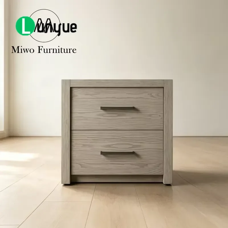 Modern Retro Square Oak Wood Nightstand 2 Drawer Bedside Table for Hotel BnB Apartment Living Room Bedroom Storage Side Table