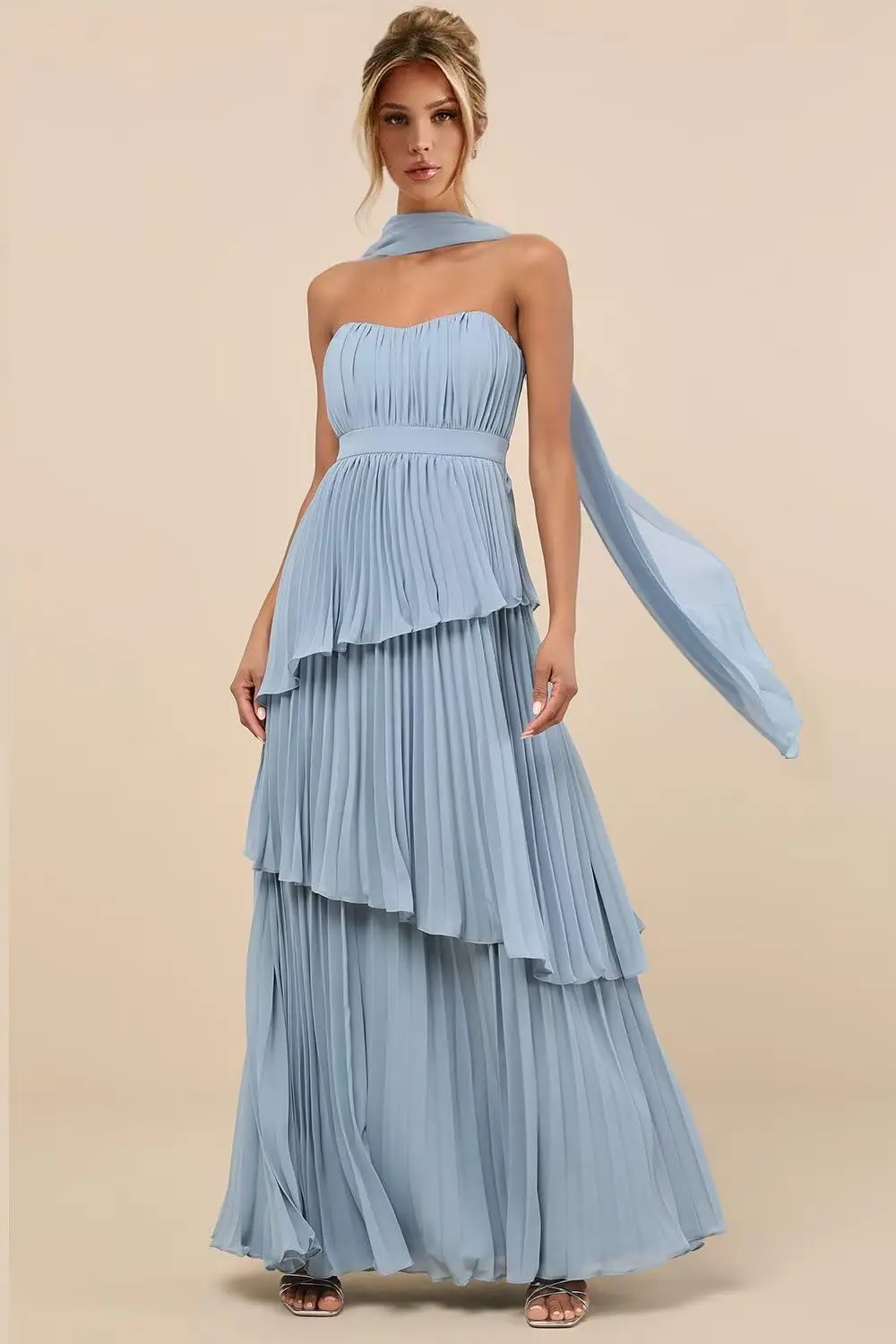 

Tiered Scarf Bridesmaid Dresses Long for Women Chiffon Formal Evening Dress with Pleated