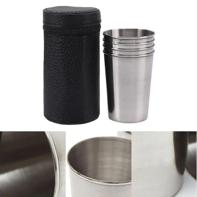 Stainless Steel Shot Glasses 4 Pcs Small Shot Cups Food Grade Stainless Steel Space Saving Water Cup With Leather Bag Easy Carry