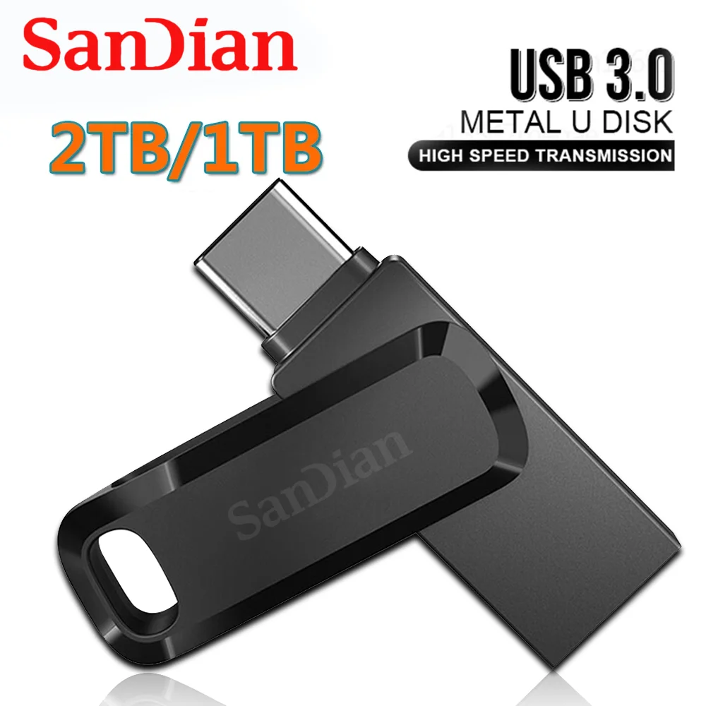 Sandian เพนไดรฟ์แบบ2 in 1แฟลชไดร์ฟ, เพ็นไดรฟ์ความเร็วสูงขนาด1TB 512GB USB3.0โลหะขนาดเล็ก Type-C ยูสติ๊กที่เก็บหน่วยความจำ OTG สำหรับ PC TV