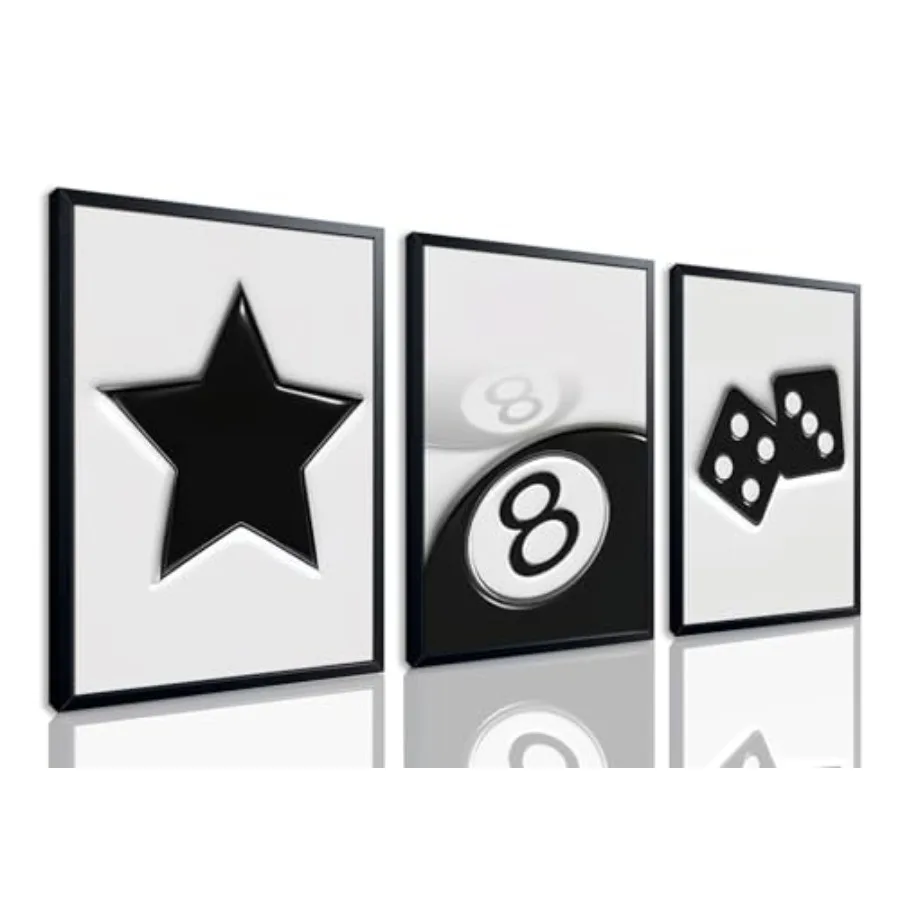 Set de 3 Cuadros Decorativos Vintage Y2K con Dados y Bola 8, Impresiones en Lienzo, Pósters Funky y Preppy para Sala de Juegos o Apartamento