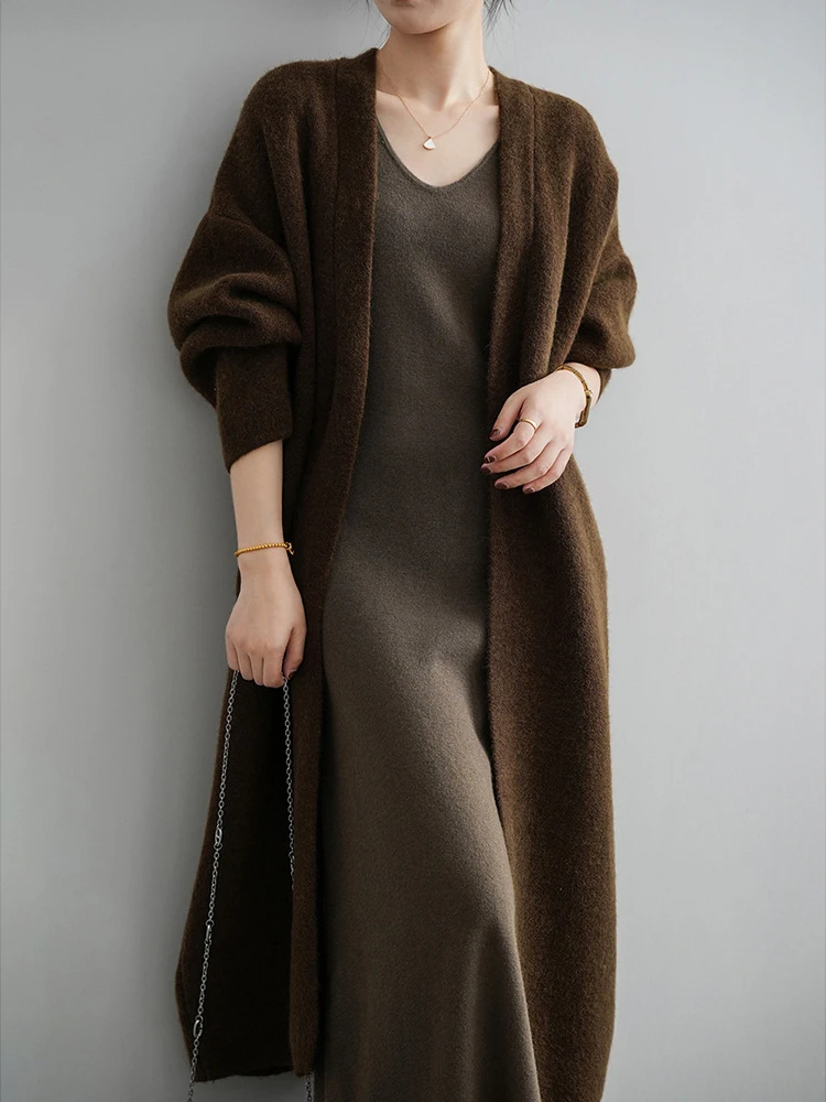 [LANMREM] Thick Warm Knit Cardigan Long Coats For Women Minimalism Office Lady Outwear Female Clothing 2024 Winter New 26C1115