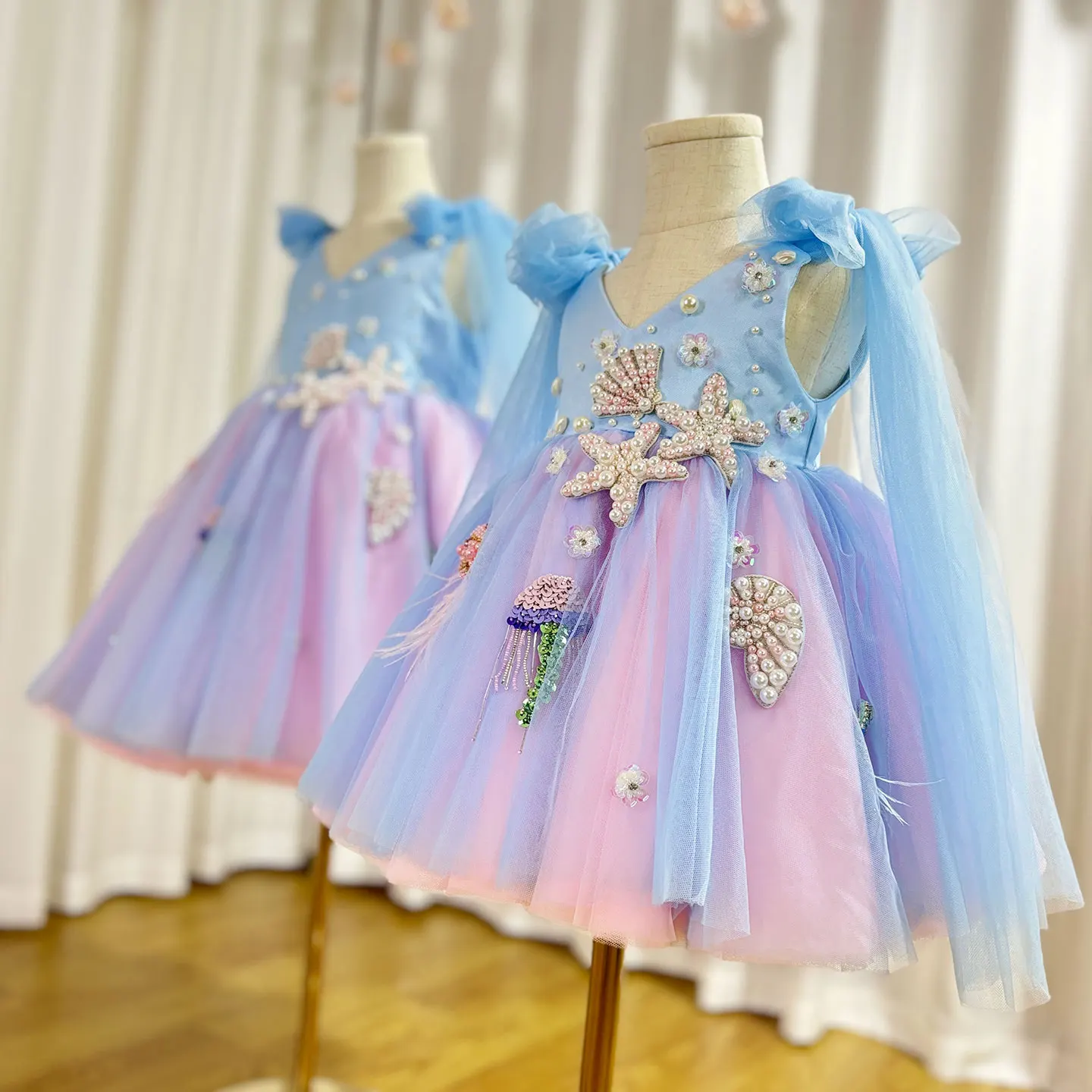 Jill Wish Luxury Sky Blue Baby Flower Girl Dresses Beaded Arab Pearls Princess Kids Gown for Birthday Wedding Evening Party J072