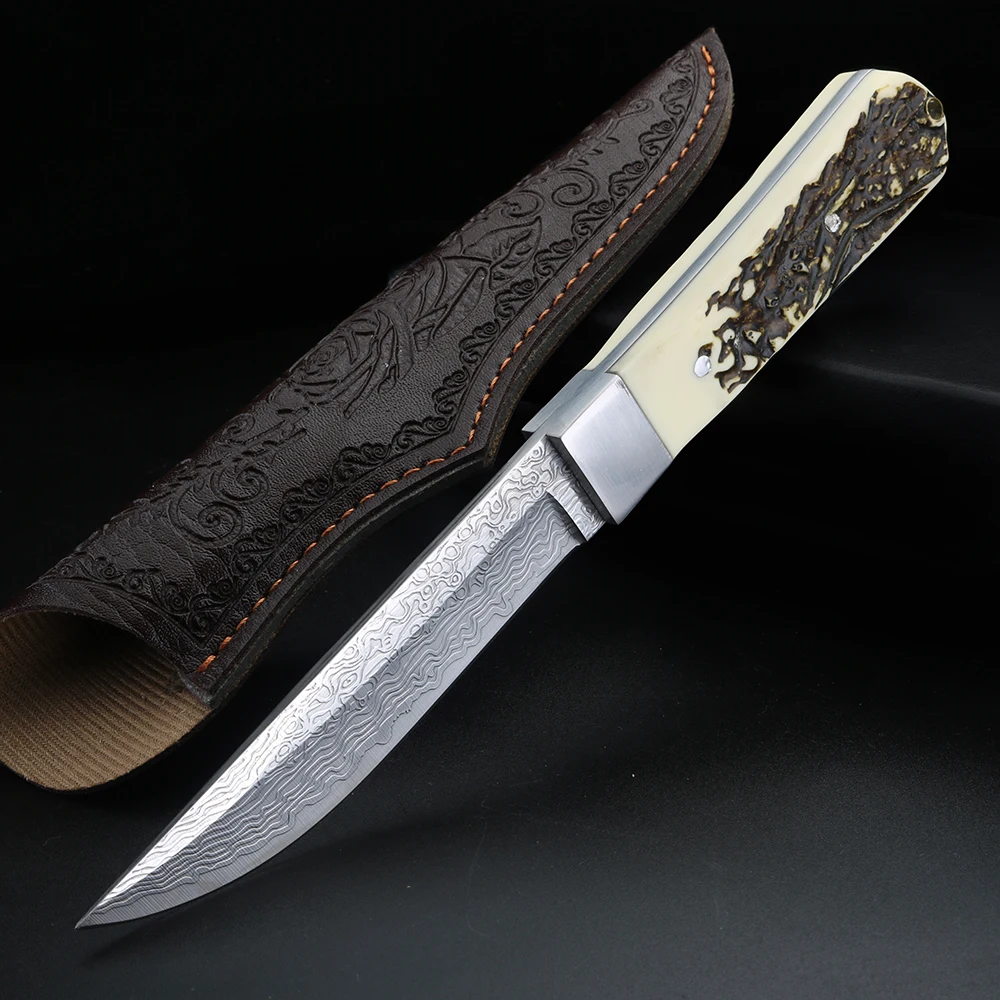 Deer Horn Handle Damascus Steel Fruit Knife with Leather Cover Exquisite Small Knife Family Kitchen Knife