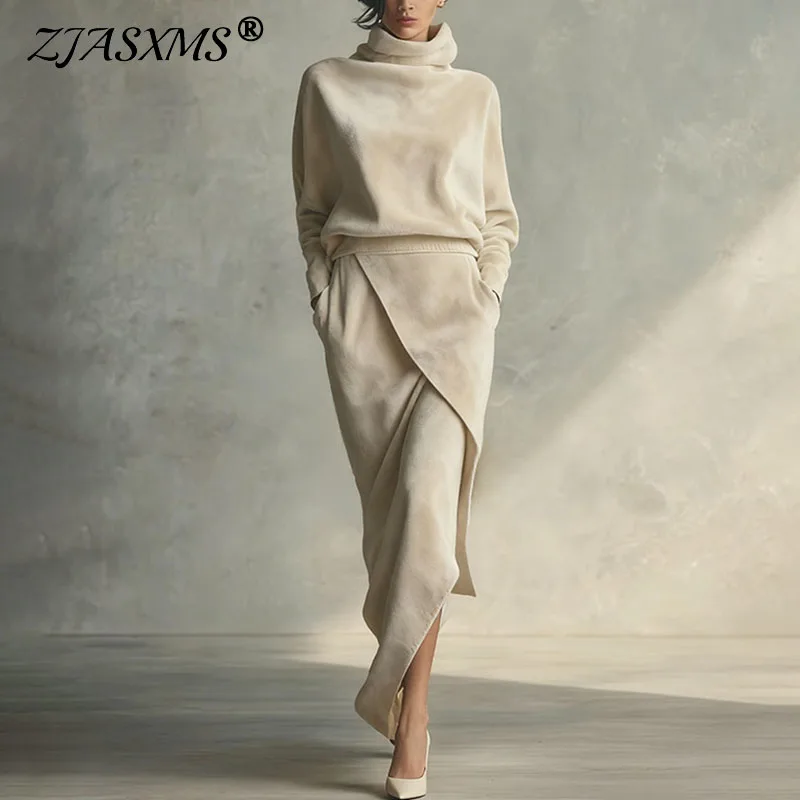 Herbst Winter Langarm Kleid Anzug Frau Elegante Rollkragen Tops Pullover + Unregelmäßigen Rock Set Casual Solide Wildleder Vintage Outfits