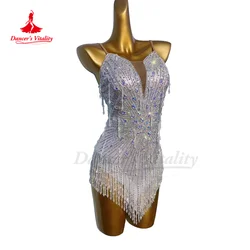 Abito da ballo latino per donna Full AB Stones Rumba Chacha Tango Performance Costume customsize Adult Children abito con frange latino