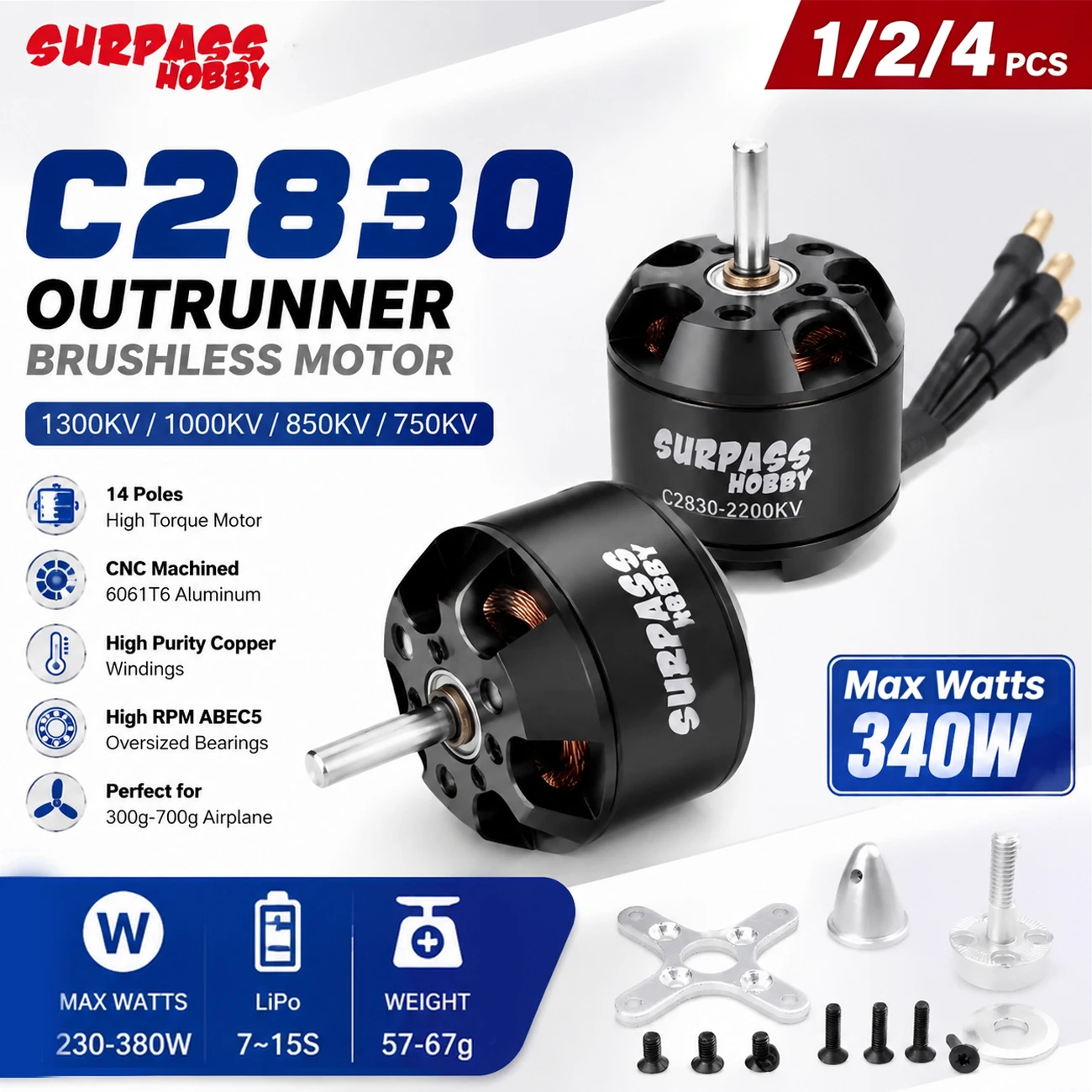 1/2/4Pcs SURPASS HOBBY 2212 C2830 1300KV 1000KV 850KV 750KV Outrunner Brushless Motor for RC 300g-700g Airplane Fixed-Wing Parts