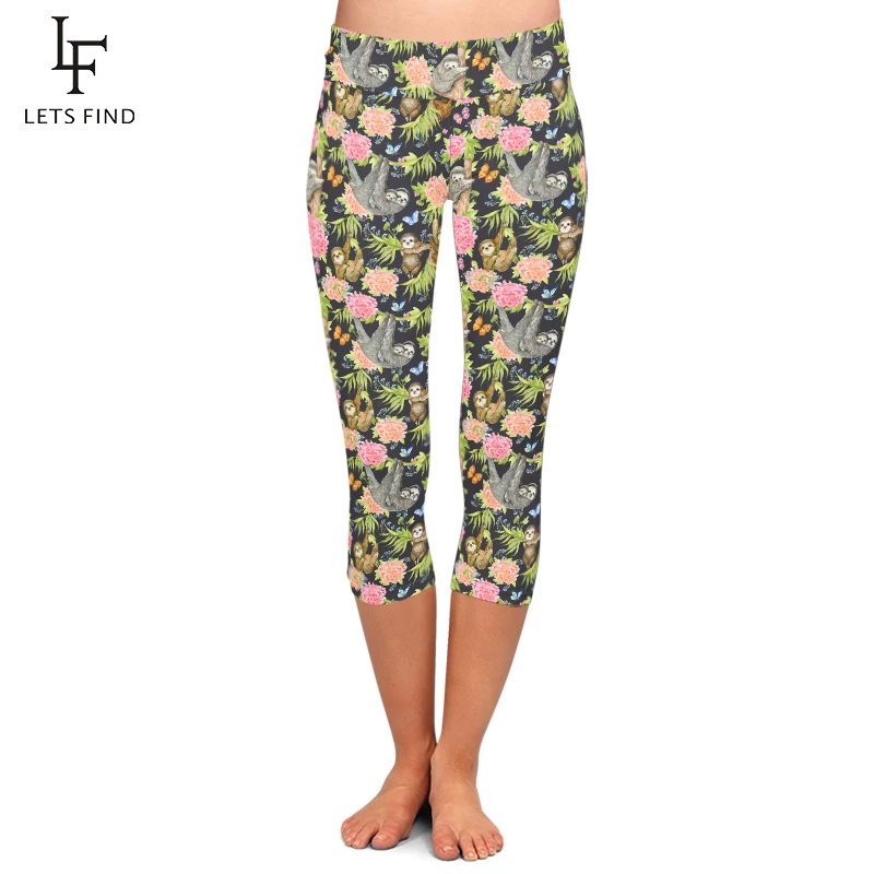 

LETSFIND Fashion New Women Casual Capri Leggings Sloths and Flowers Digital Print High Waist Fitness Stretch Mid-Calf 3/4 Pants