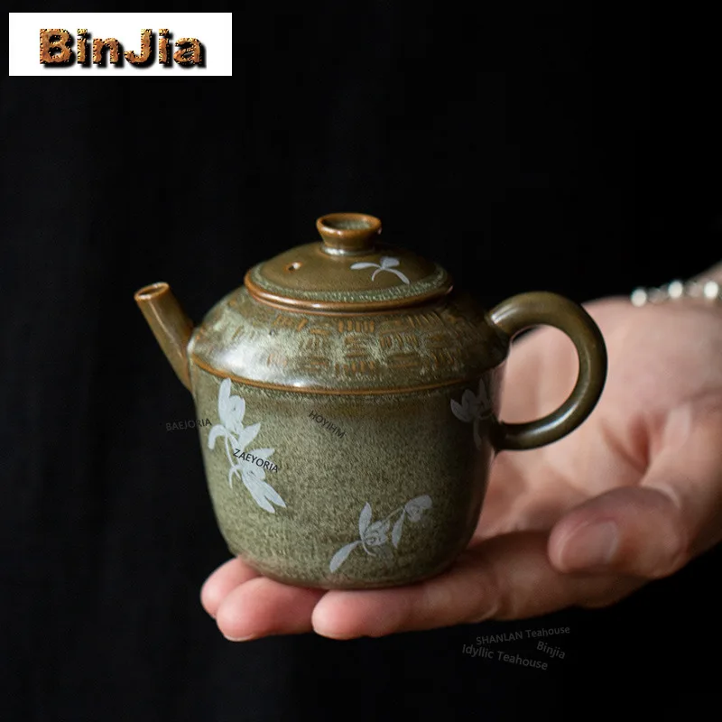 BAEJORIA 125ML Hand Drawn Orchid Moss Green Listening Wind Teapot Antique Tea Infuser Pot Tea Maker Kettle With Ball Hole Cha