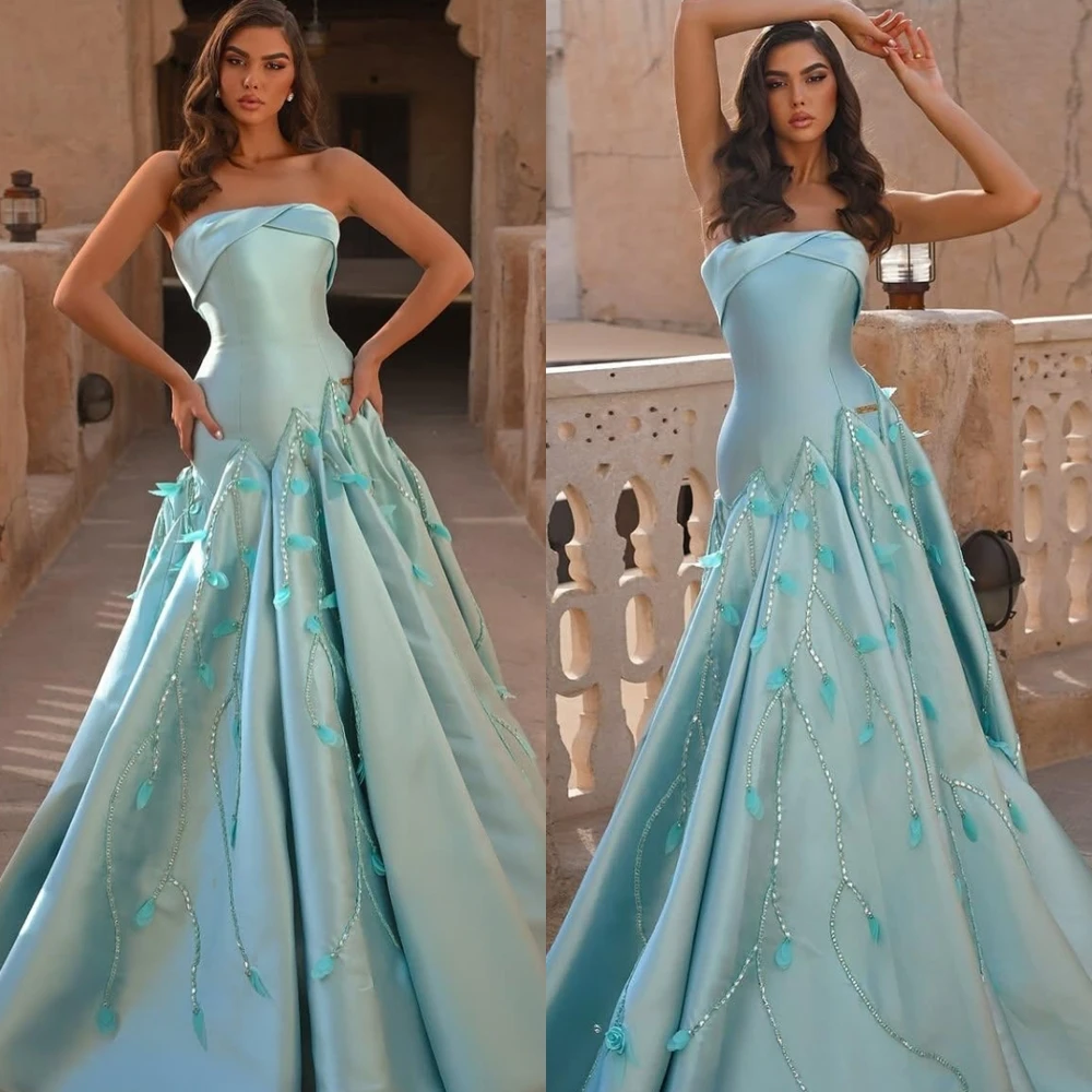 

Customized Exquisite Blue Satin Party Dresses Modern Style Strapless Sleeveless Prom Dress for Woman Fashion A-Line Evening Gown
