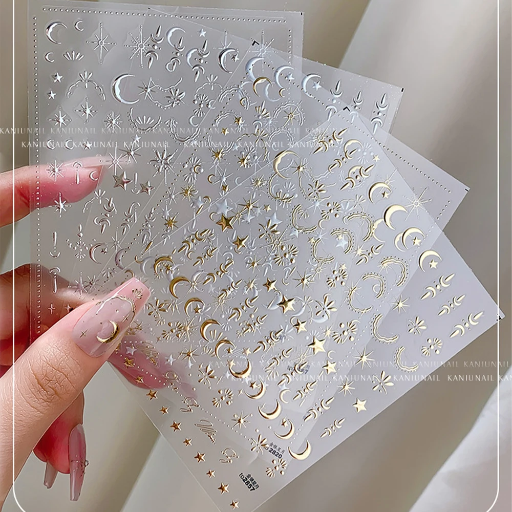 8*10cm Bronzing Star/Moon/Sun 3D Nail Sticker Gold Silver Laser Star Moon Sun Nail Decal Self-Adhesive Manicure Star Moon Slider