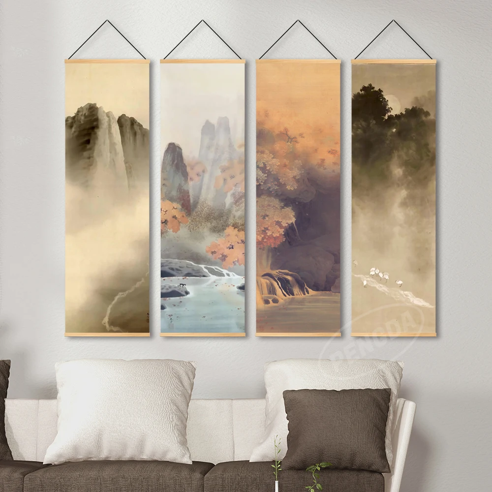 Nordic Canvas Printed Poster Wall Hanging with Scroll Painting Chinese Landscape Painting with Ink and Water Art for Living Room