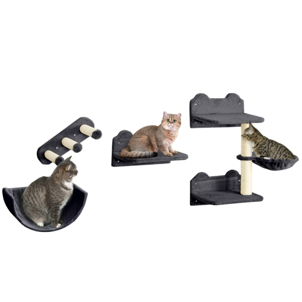 PINGGO 4PCS Wall Mounted Cat Shelves with Scratching Post, Hammock, Nest Dark Durable, Soft and Comfortable Appearance