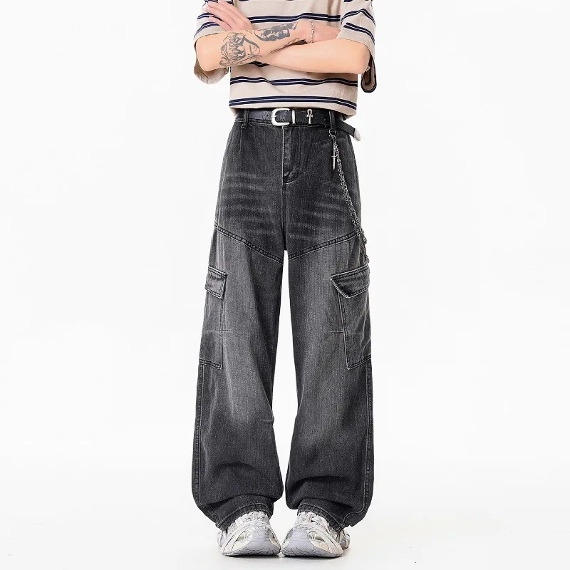 Men's Loose Straight Leg Jeans Multi-Pocket Dark Wash American INS High Street Style Workwear Denim Two Colors Available