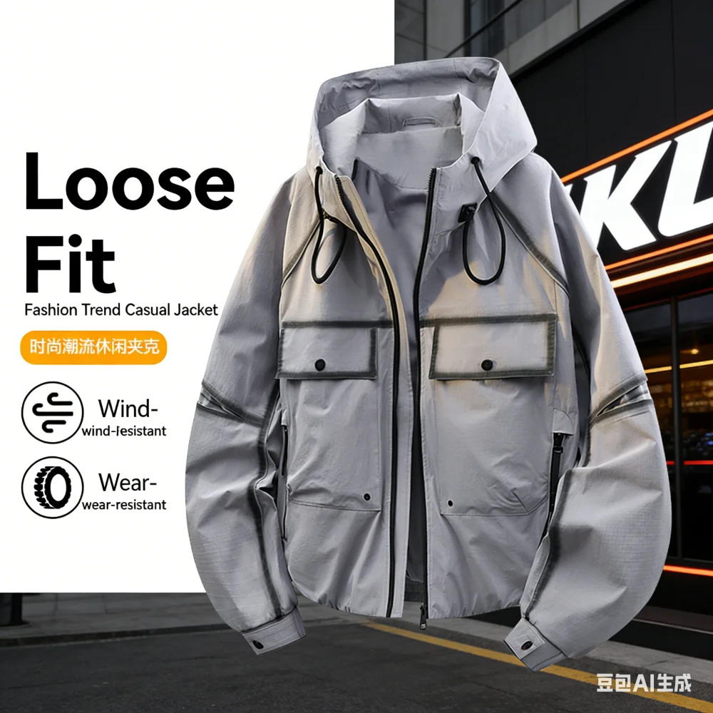 2026 New Color-Contrasting Bold-Line Hooded Jacket for Men - Spring Stylish, Loosely-Fitting High Street Trendy Casual Coat
