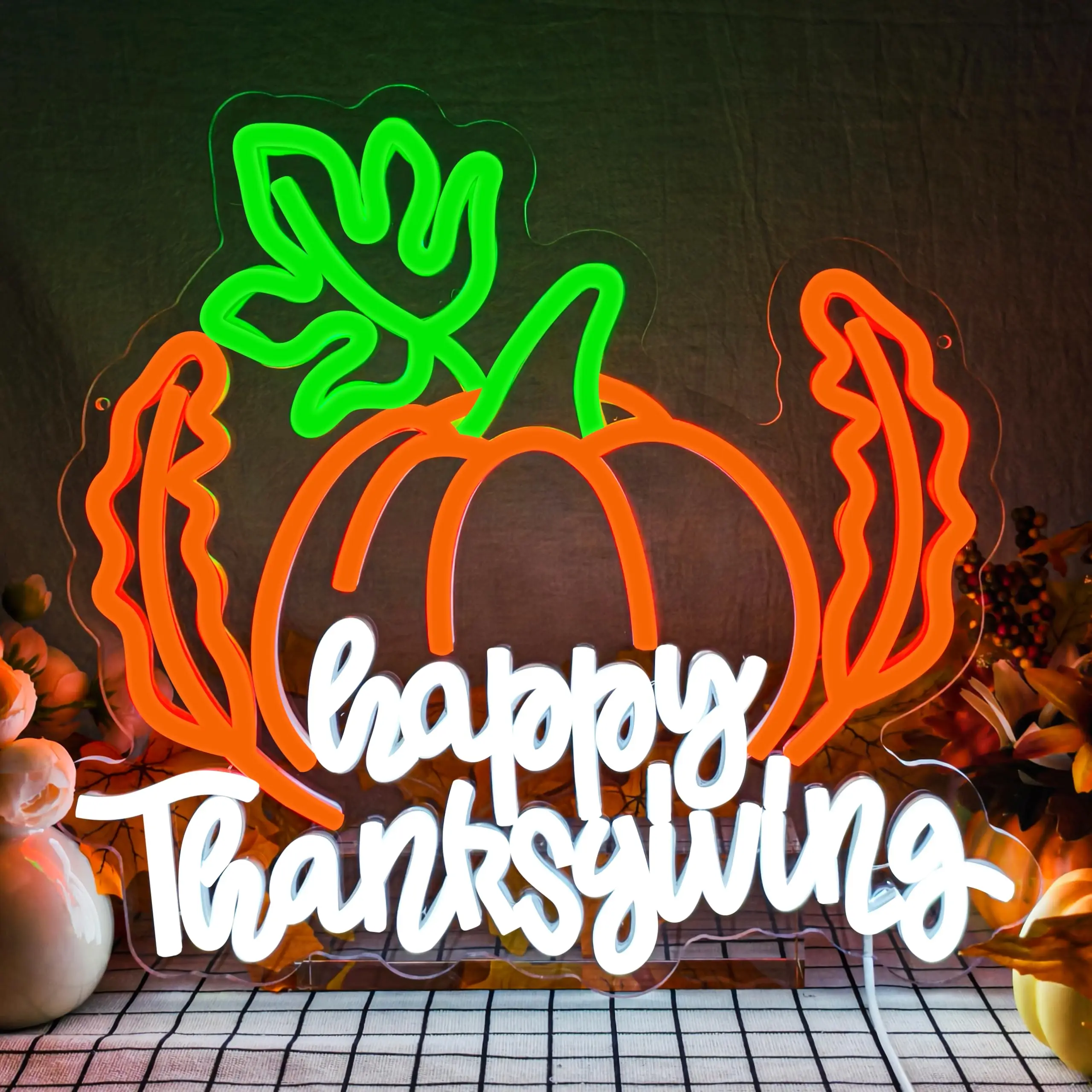 Happy Thanksgiving Pumpkin LED Neon Sign for Wall Decor Thanksgiving Decor Dimmable Switch for Door Wall Art Window Home Party