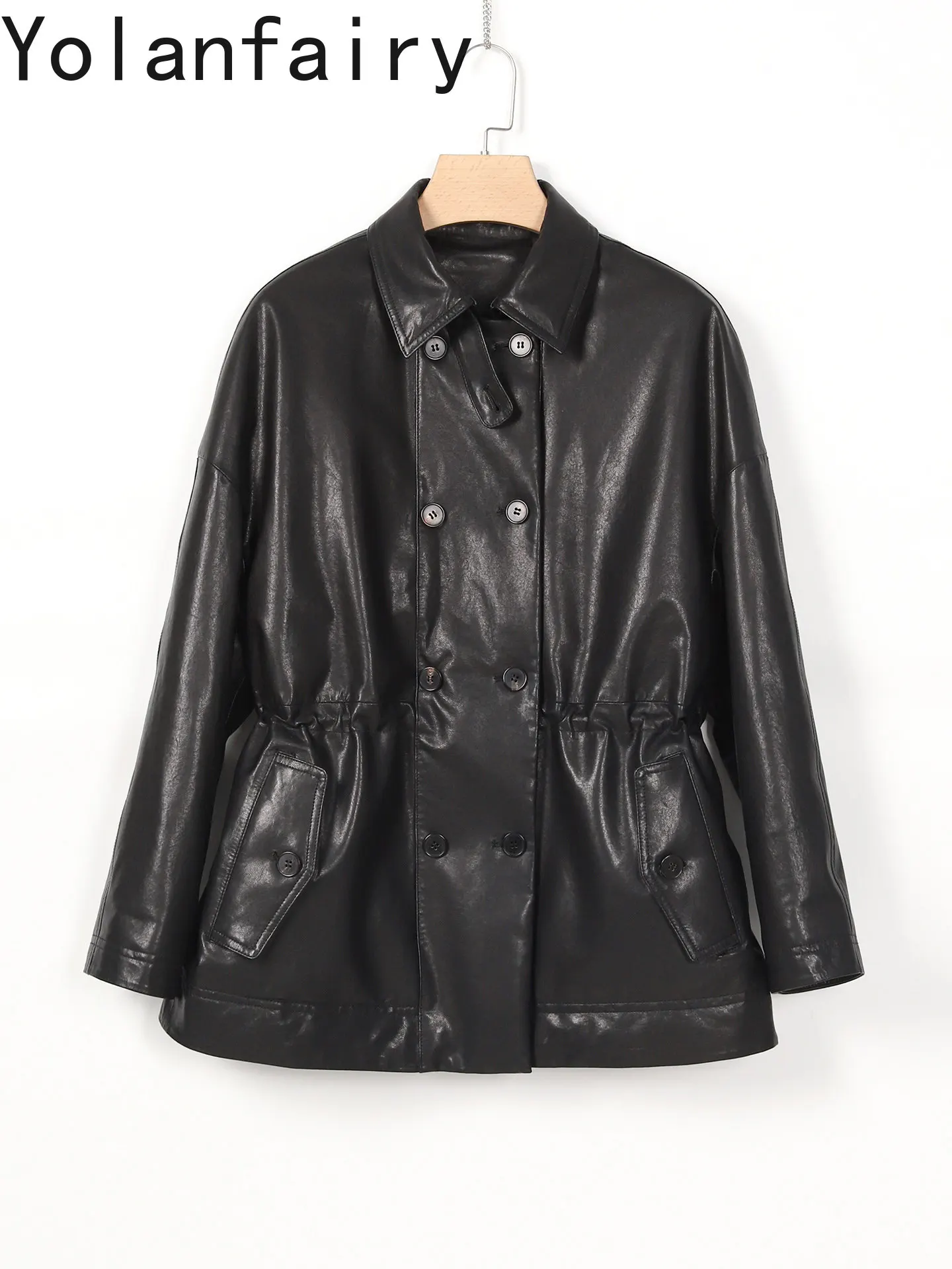 YOLANFAIRY 100% Genuine Sheepskin Leather Down Jackets Woman Winter Elegant Mid-length Goose Down Coat Waisted Puffer Jacket