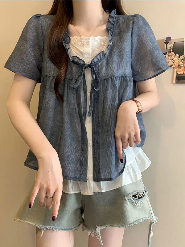 

Большие размеры ort Sve, женский летний утягивающий топ, корейская шифоновая блузка свободного покроя для больших размеров Faionistas