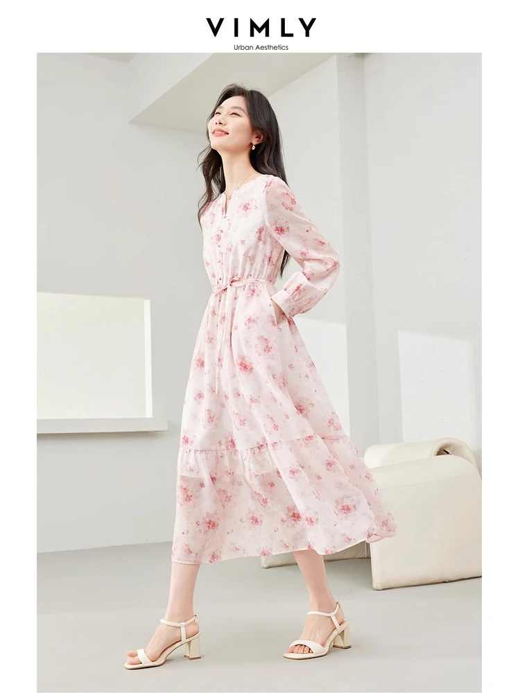 Vimly French Style V-neck Floral Chiffon Dress Woman 2024 Spring Elastic Waist Lace-up Puff Sleeve A-line Midi Dresses M6118