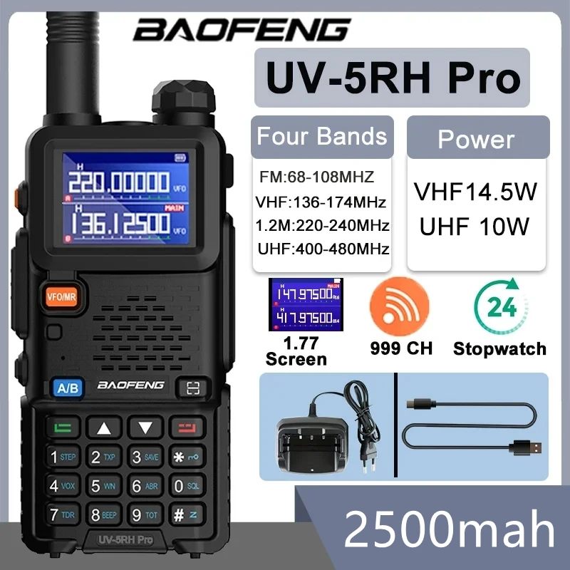 Baofeng UV-5RH walkie talkie 2500mAh UV 5rh pro 14.5W ładowarka USB C cztery pasma 999ch bezprzewodowa częstotliwość kopiowania radio dwukierunkowe UV-5R