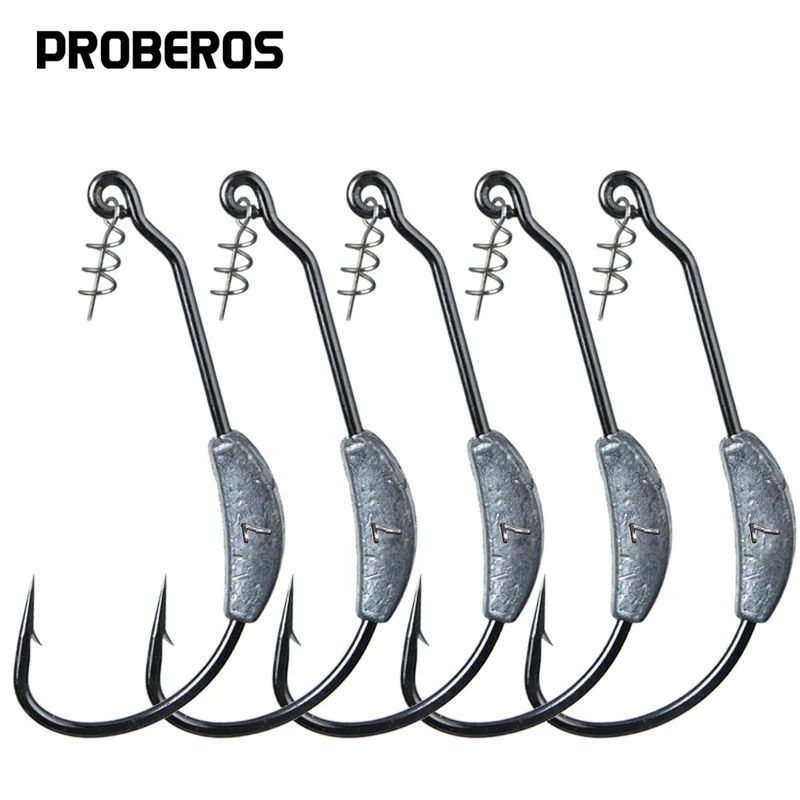 PRO BEROS 5Pcs Offset Fishing Hooks Weighted Crank Hook Soft Baits Barbed Hook Jig Worm Hook for Texas Rigs Fishing Tackle