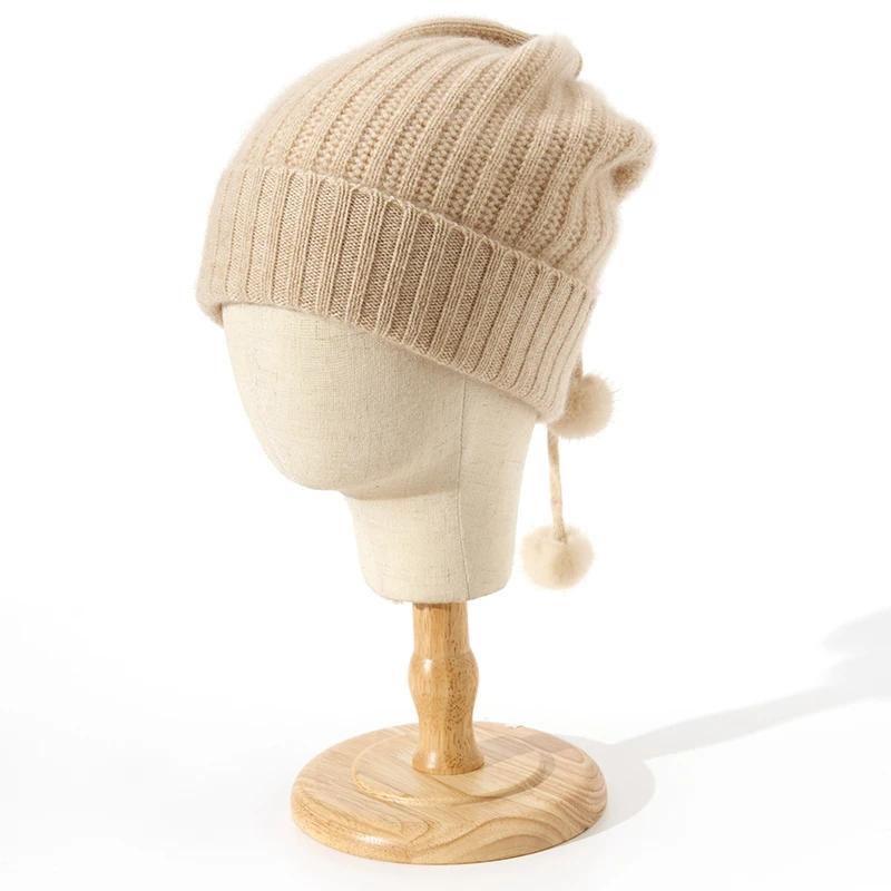 100%Cashmere Knitted Beanies Hat With Adjust Drawstring Fur Ball Dual-Use Soft Warm Neck Warmer Korea Fashion Fake Collar Winter