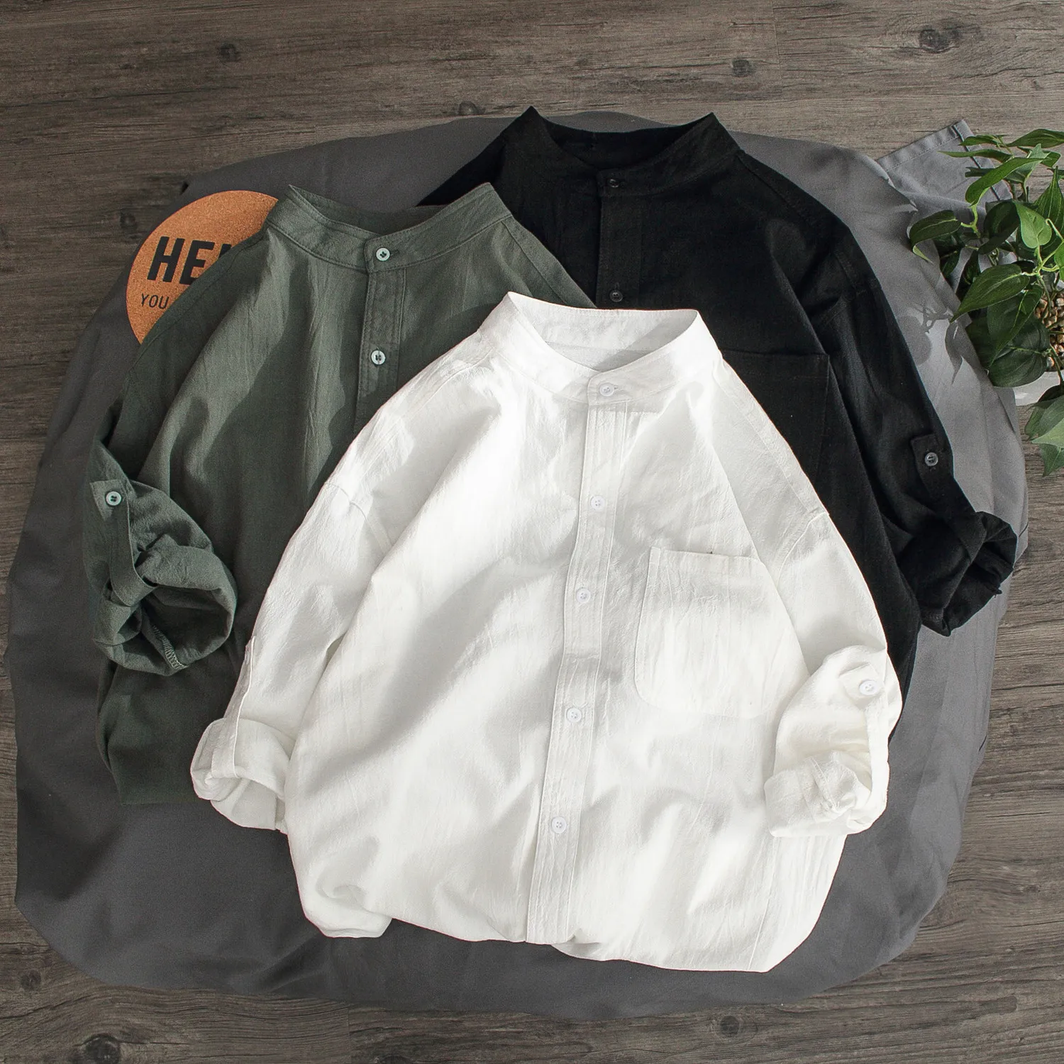 

Advanced Mens irt Hong Kong Sle Loose Fit Button down Cold Tone Sve Design Trendy Casual Upper Spring Top