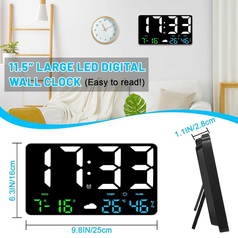 Imagem -06 - Relógio de Parede Digital Led com Display Grande Despertadores para Quartos Estação Meteorológica Usb 115 Polegadas