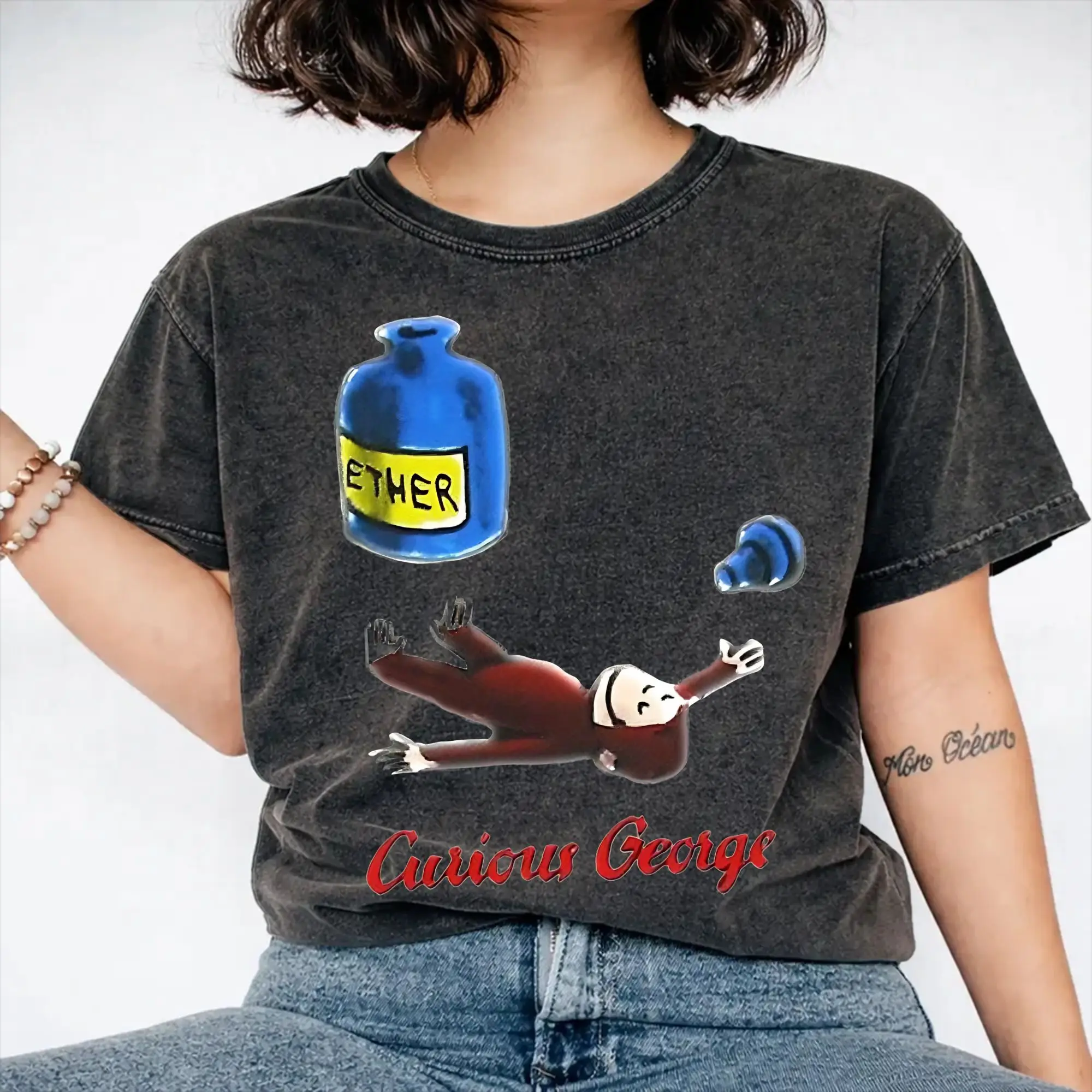 Harajuku Washed Shirt Curious George Breathes in Ether  Outfit Vintage T Shirt High Street  Streetwear Short Sleeve