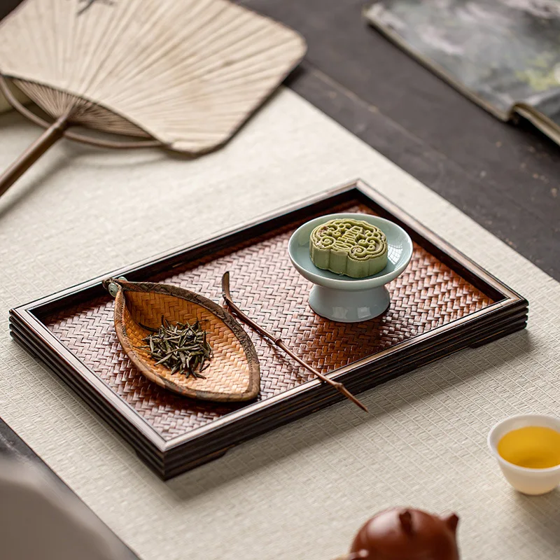 Retro Zen bamboo refreshment tray bamboo woven mat serving tea tray rectangular storage plate