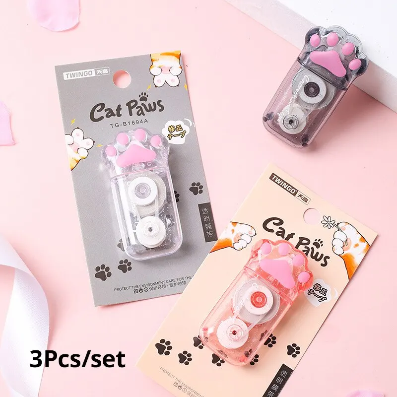 3Pcs 6m Cat Claw Correction Tape Portable Large Capacity Correction Tape High Value Students Transparent Erasure Tape