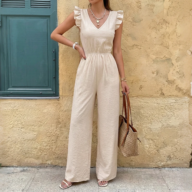 

2026 Summer New Style French Country Style Frill-edged Fluffy Sleeve V-neck Back Bowknot One-Piece Pants