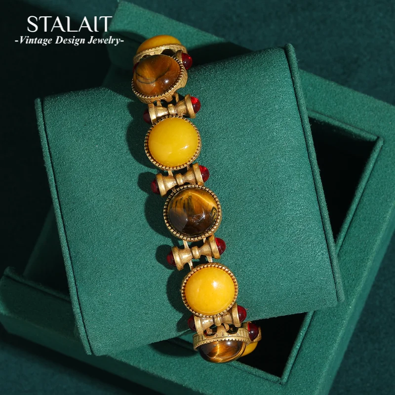 

Vintage Tiger Eye Stone Bracelet Natural Honey Wax Yellow Bamboo Knot 18k Gold Color Bangle Jewelry Antique Accessories For Wome