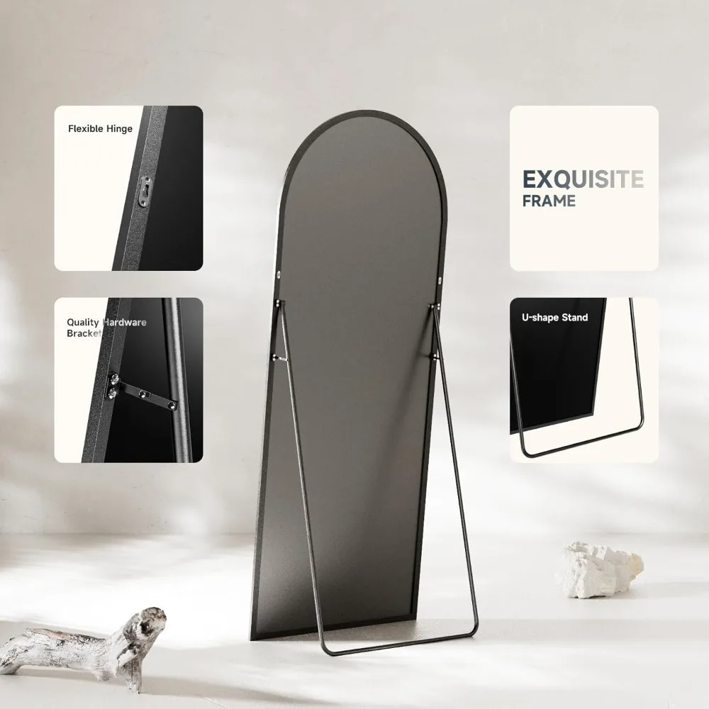 Large Floor Standing Arched Mirror, 64x21 Inches, Black Tempered Glass, Wall Hanging Mountable Body Length Mirrors with Aluminum