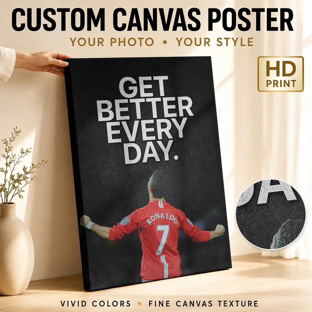 Cristiano Ronaldo Get Better Quote Framed Canvas Print Personalized Photo Expressive Typography Wall Art For Football Fan Lounge