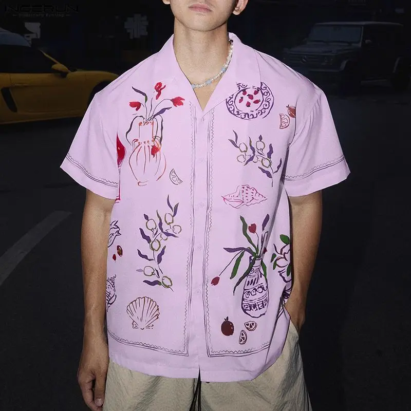 

INCERUN Men Shirt Printing Lapel Short Sleeve Button Loose Casual Men Clothing Streetwear Summer 2026 Fashion Leisure Male Tops