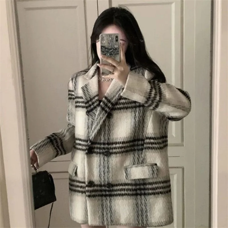 Winter Wear High-End Retro Plaid Woolen Jacket For Women's Autumn Mid Length Loose Casual Suit Large Clothes Spring Blazer XXL