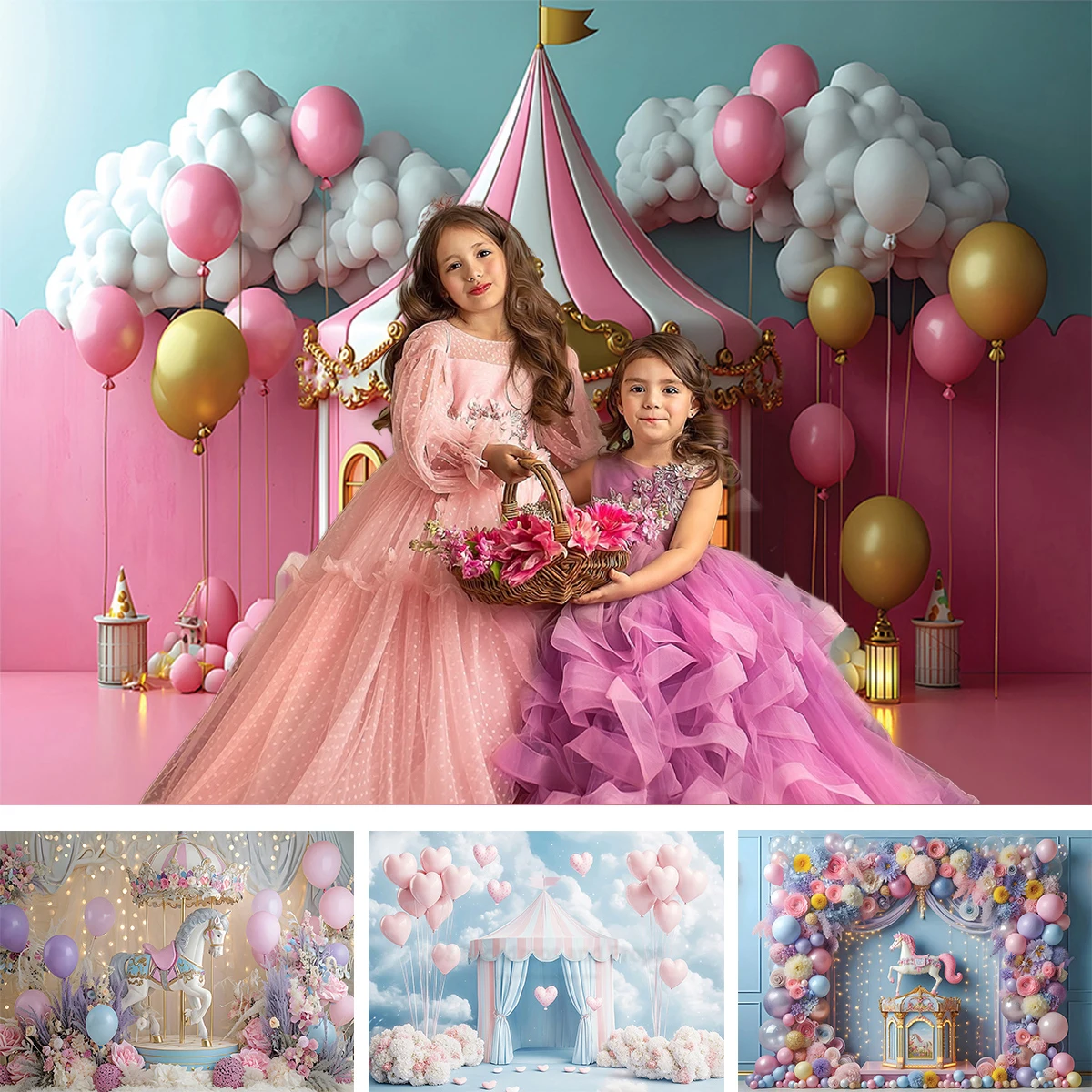 Circus Festival Background Photo Props Studio Cake Smash Baby Carousel Balloons Kids Newborn Party Photocall Backdrop