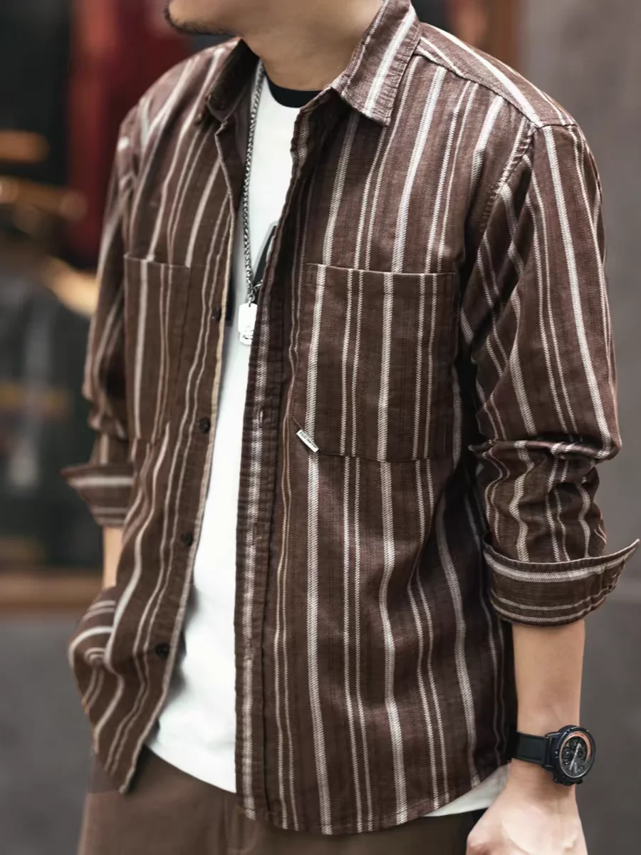 

Мужская винтажная полосатая футболка American Sle, весенне-осенняя, трендовая, повседневная, свободного кроя, с длинным рукавом, с воротником, для молодежи, на каждый день