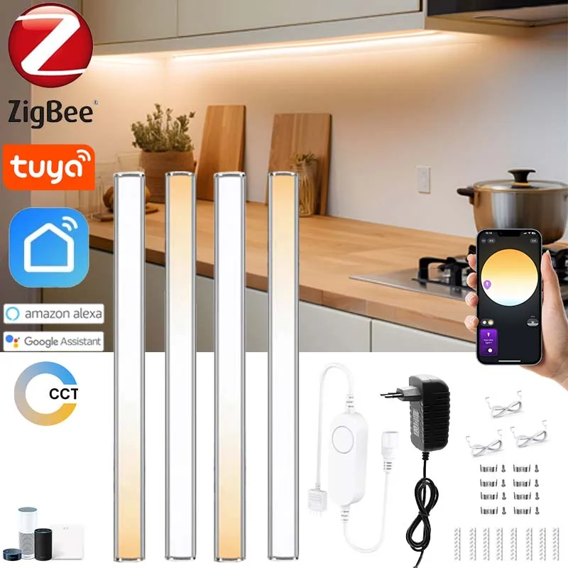 Zigbee LED Cabinet Light Bar Kit 30CM Dimmable Dual White Kitchen Shelf Closet Decor Tuya App/Voice Control for Google Alexa