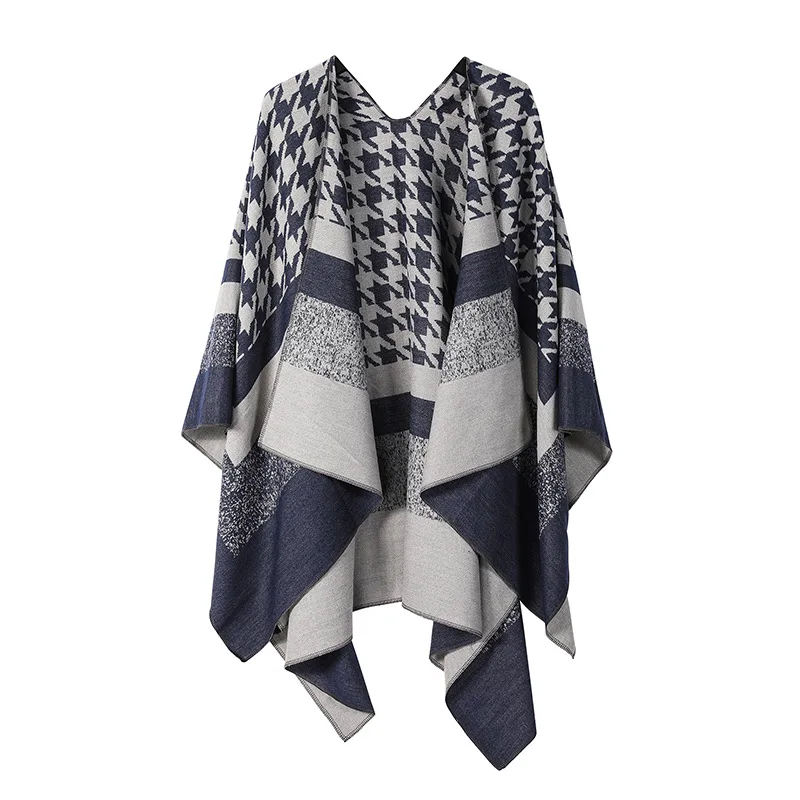 New winter collection: houndstooth striped knitted shawl, a warm outerwear piece made with faux cashmere